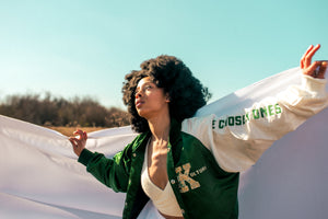 Back To The Kulture “The Chosen Ones” Green Satin Varsity Jacket