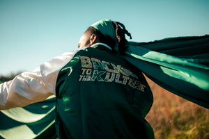 Back To The Kulture “The Chosen Ones” Green Satin Varsity Jacket